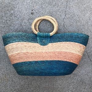 Turquoise & blush multi striped basket tote